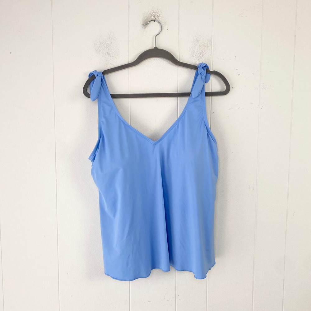 Lands' End Womens Blue Tie Shoulder V-Neck Tankini Swim Top Size 18 Long